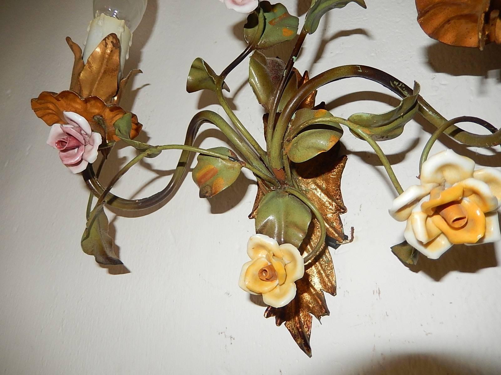 19th Century Italian Tole and Porcelain Roses Polychrome Sconces 2