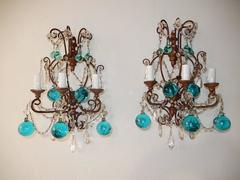 French Aqua Marine Blue Sconces with Huge Murano Balls