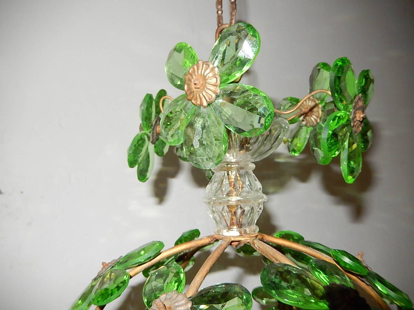 Early 20th Century French Bagues Crystal Green Prisms Floral Ball Chandelier