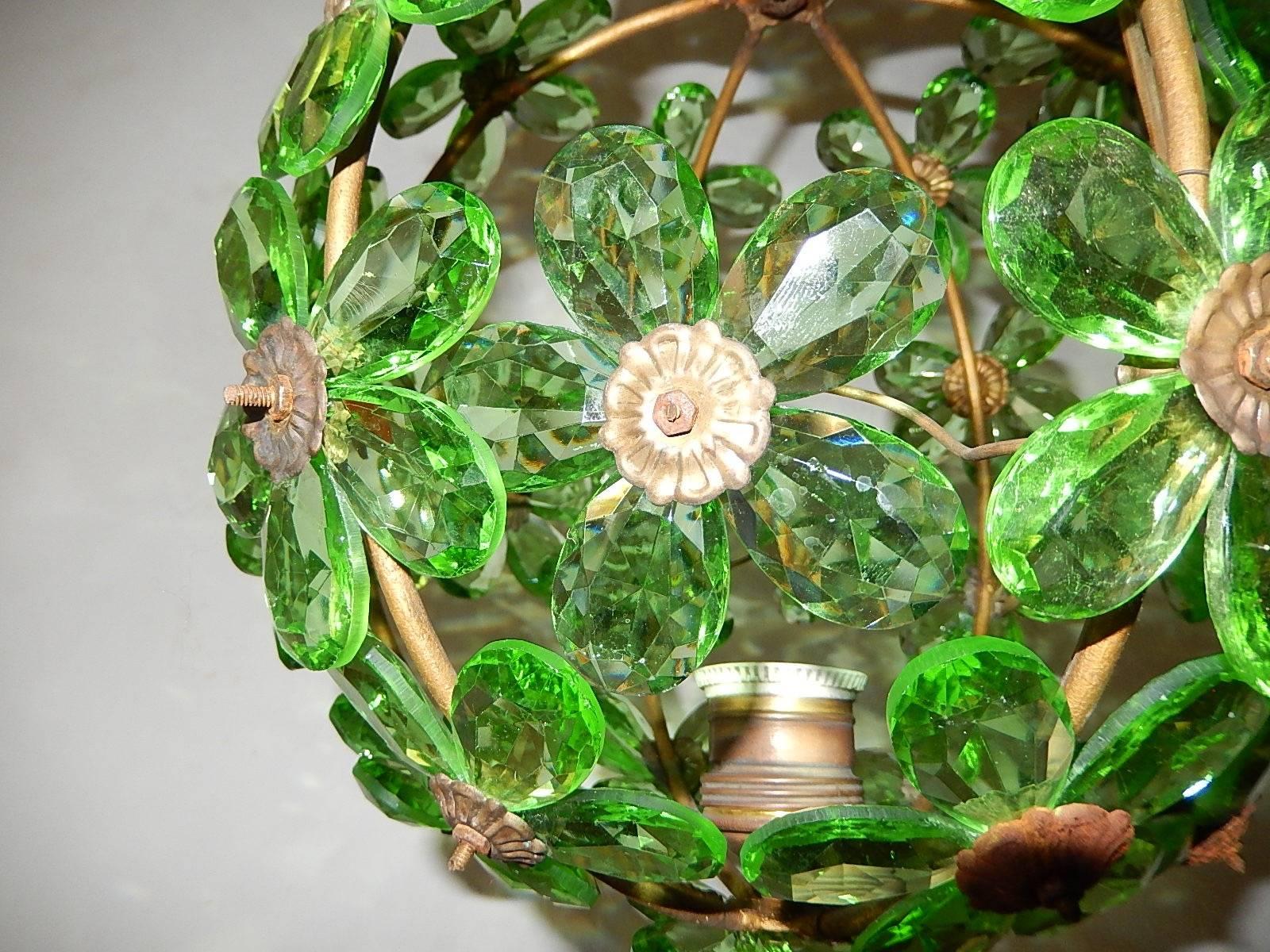 French Bagues Crystal Green Prisms Floral Ball Chandelier 2