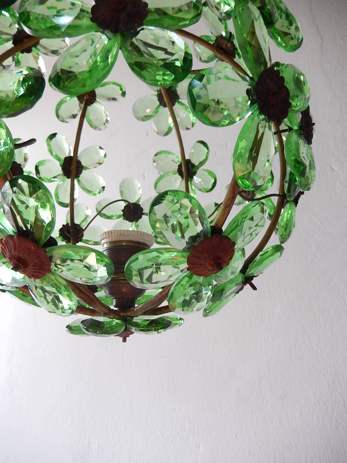 French Bagues Crystal Green Prisms Floral Ball Chandelier 4