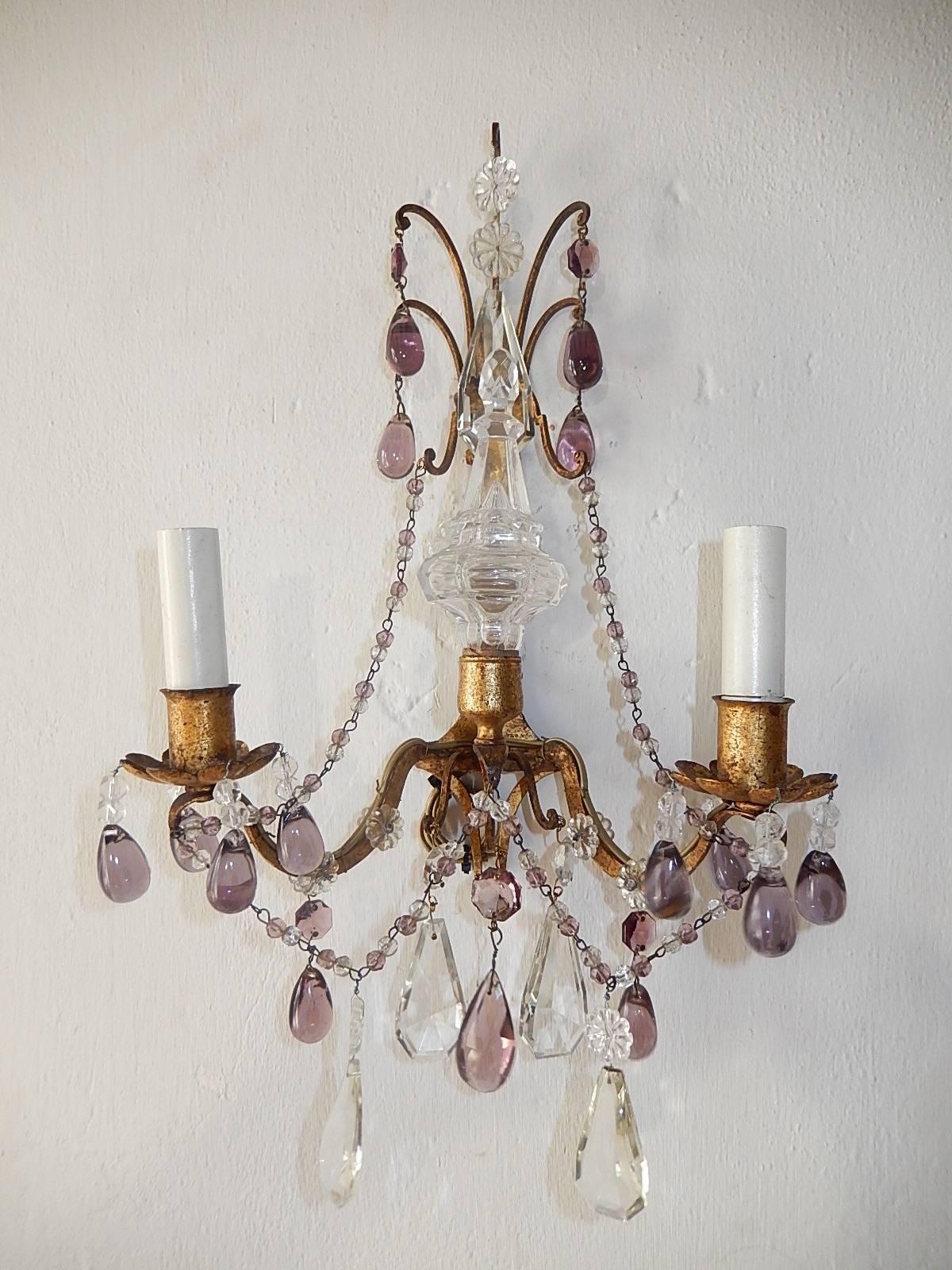 French Lavender Bronze Crystal Spear Sconces In Excellent Condition In Firenze, Toscana