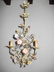 French Porcelain Flowers Tole Chandelier with Clear Murano Balls