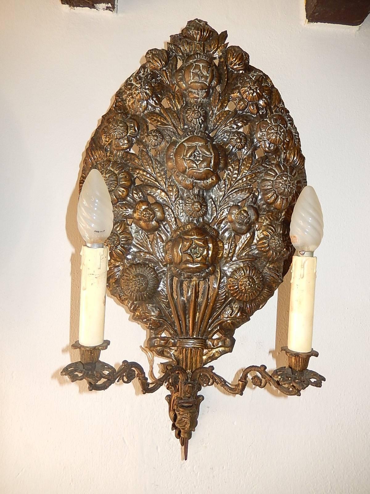 Housing two lights each. Copper palms are much darker due to patina then shows in photos. Sconces are bronze. Excellent condition. These were made for churches in Europe. Re-wired and ready to hang. Free priority shipping from Italy.