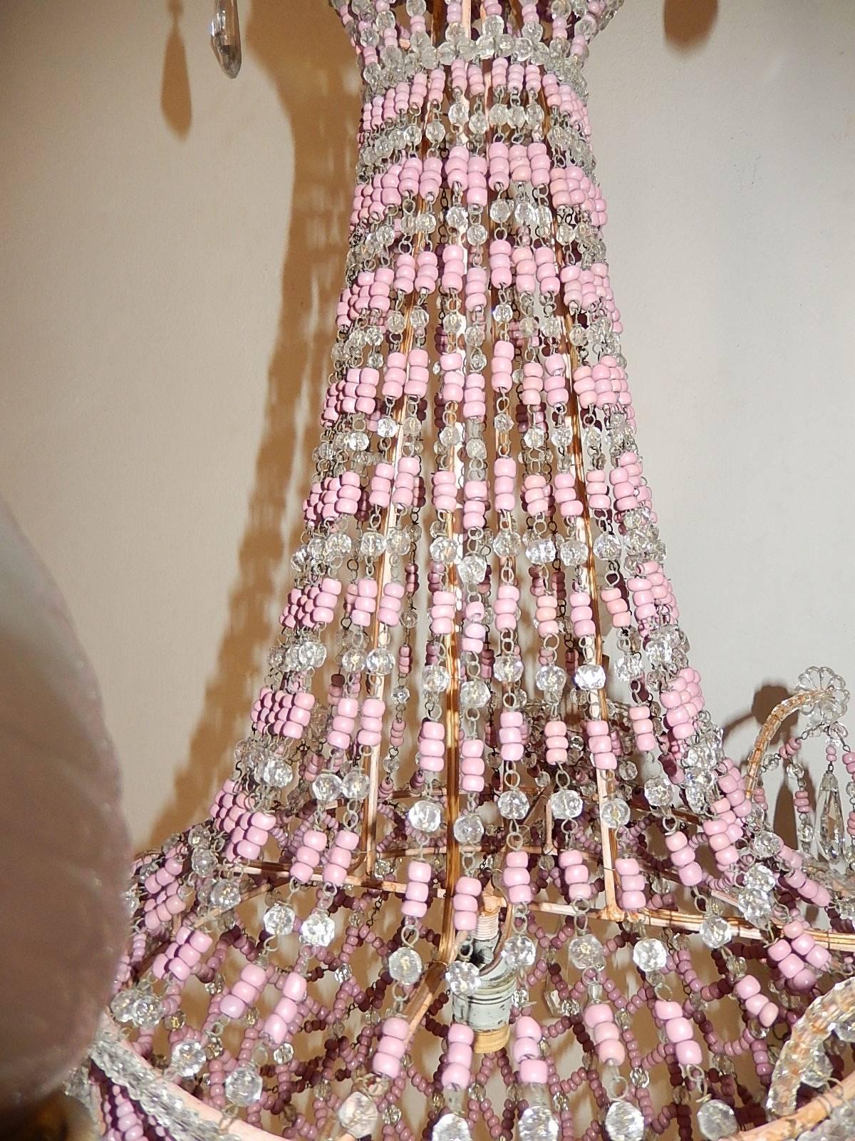 French Pink Opaline Beaded Basket Crystal Chandelier In Excellent Condition In Modena (MO), Modena (Mo)