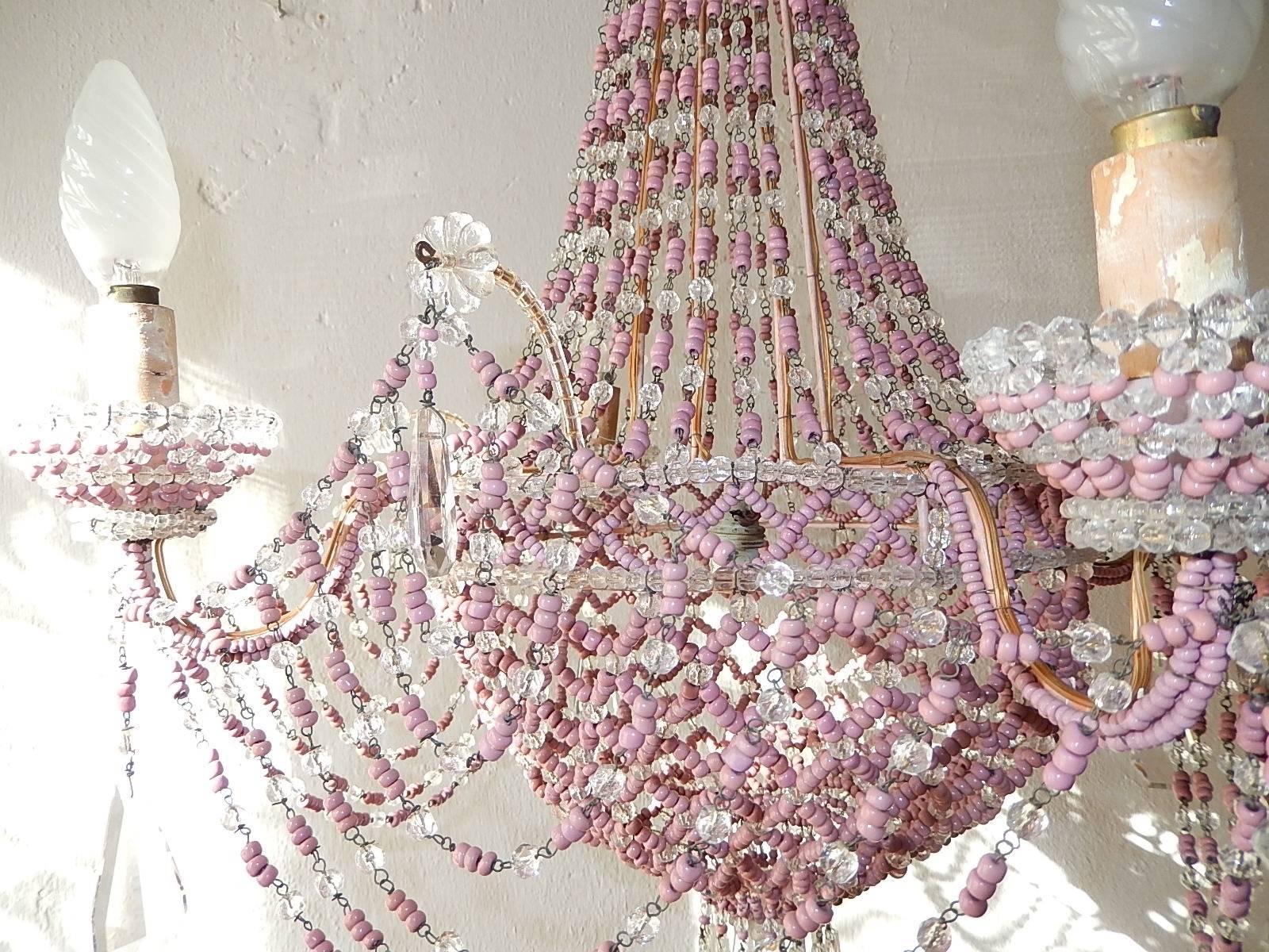 Early 20th Century French Pink Opaline Beaded Basket Crystal Chandelier