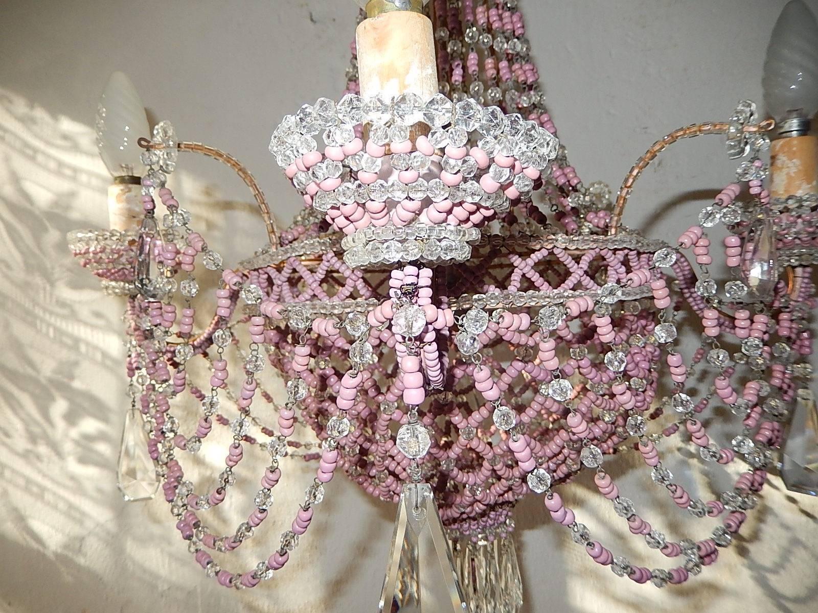 French Pink Opaline Beaded Basket Crystal Chandelier 1