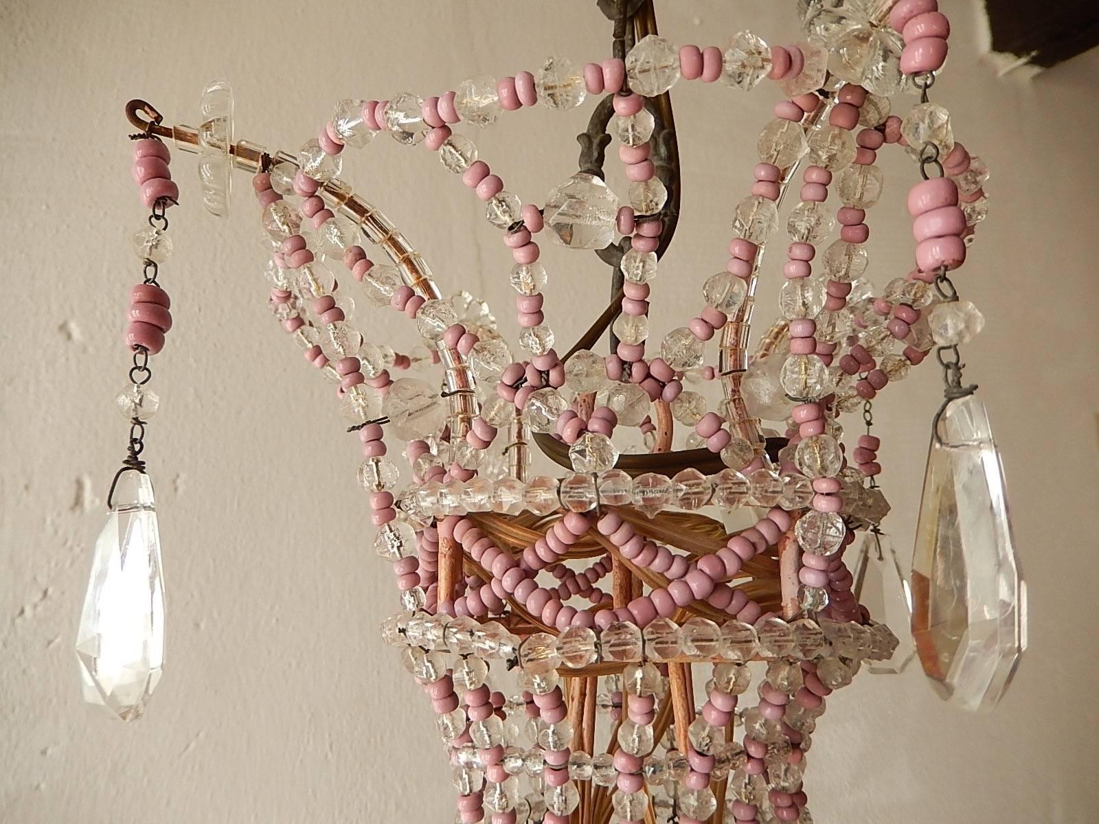 French Pink Opaline Beaded Basket Crystal Chandelier 3