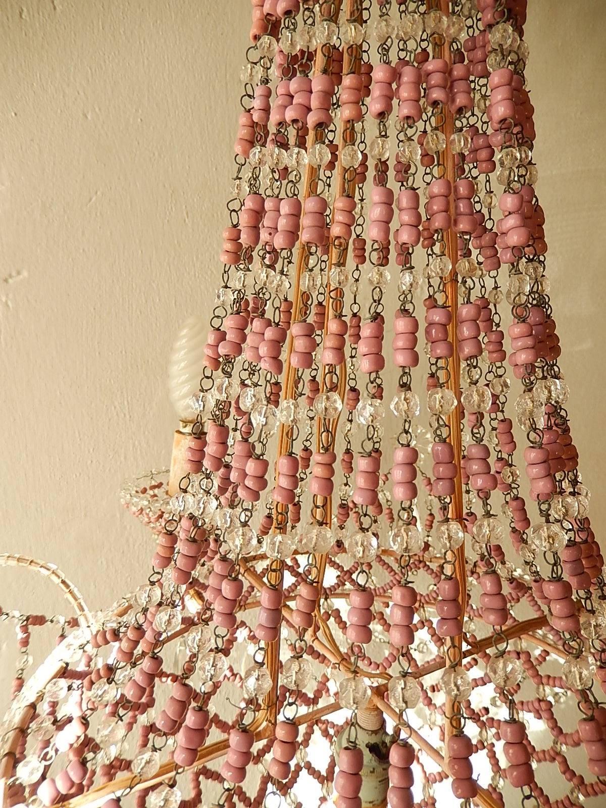 French Pink Opaline Beaded Basket Crystal Chandelier 4