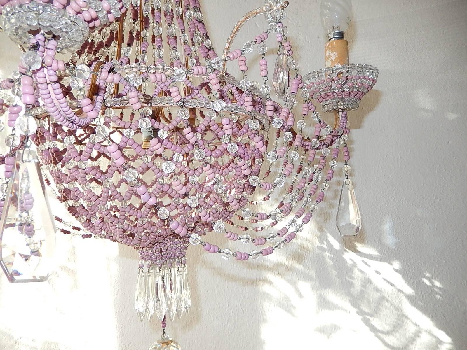 French Pink Opaline Beaded Basket Crystal Chandelier 5