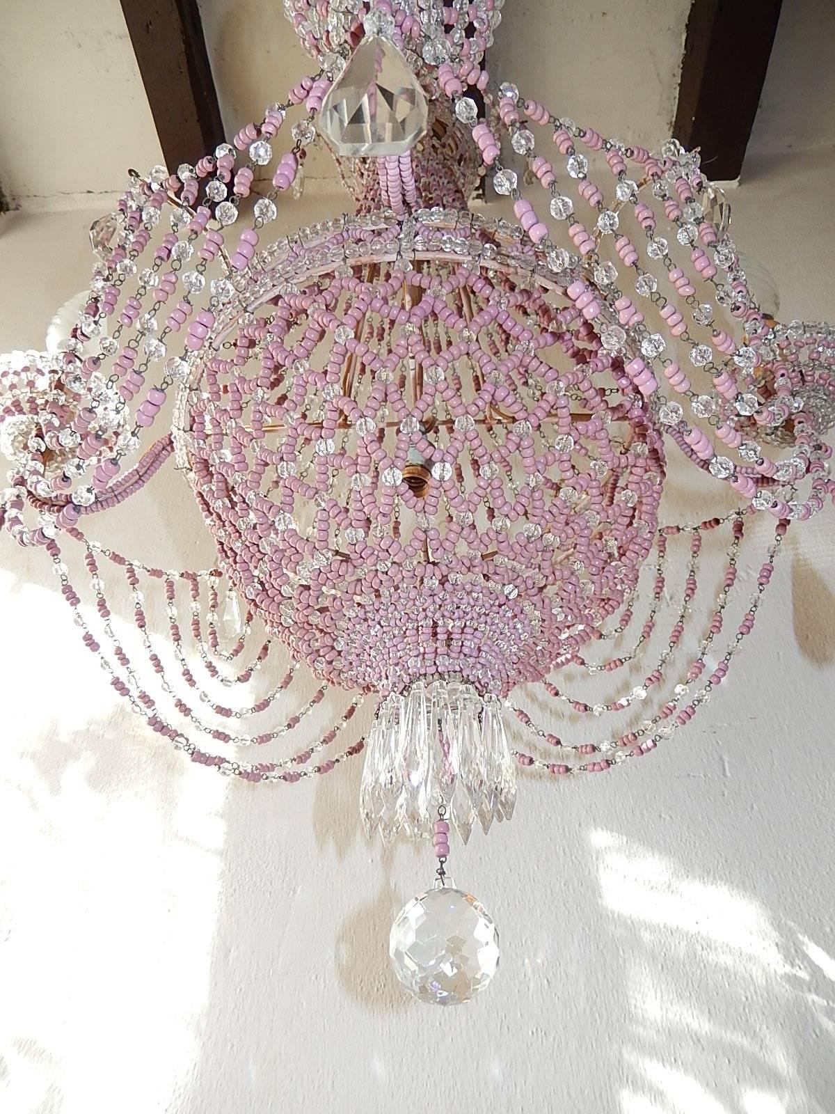 French Pink Opaline Beaded Basket Crystal Chandelier 6