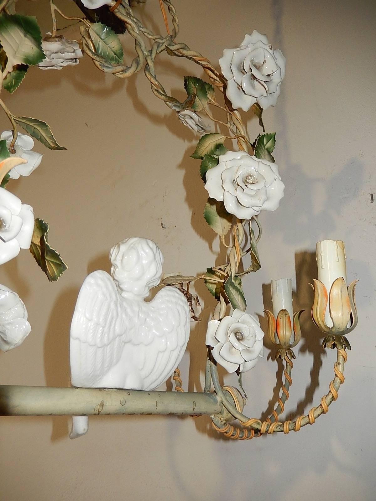 French Winged Cherub Holding Dove Chandelier In Excellent Condition In Modena (MO), Modena (Mo)