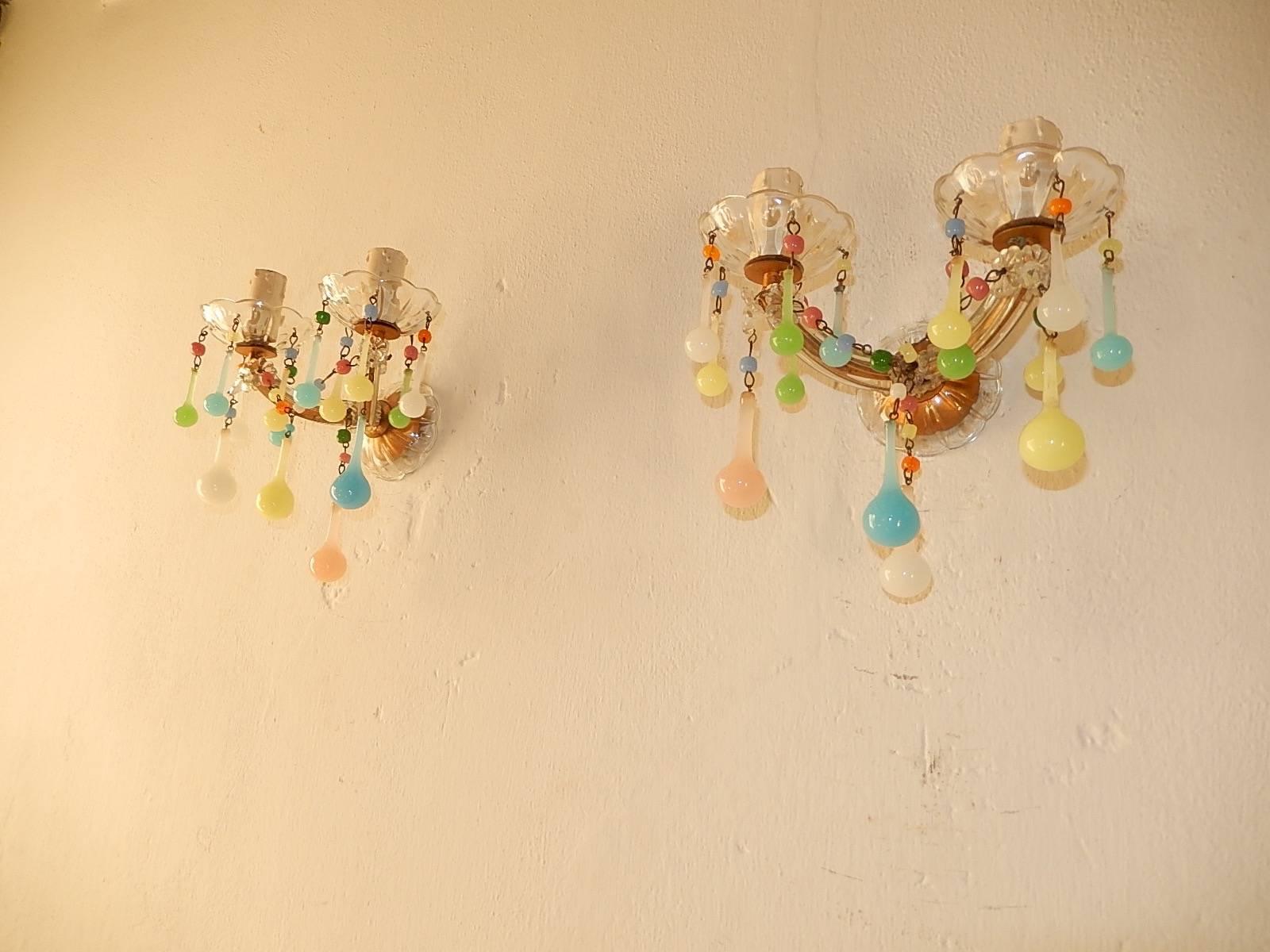 Housing 2 lights each in crystal bobeches.  Pastel opaline beads, drops and florets throughout.  Gilt metal body with Murano glass covering.  Matching chandelier will be listed soon.  Re-wired and ready to hang.  Free priority shipping from Italy.