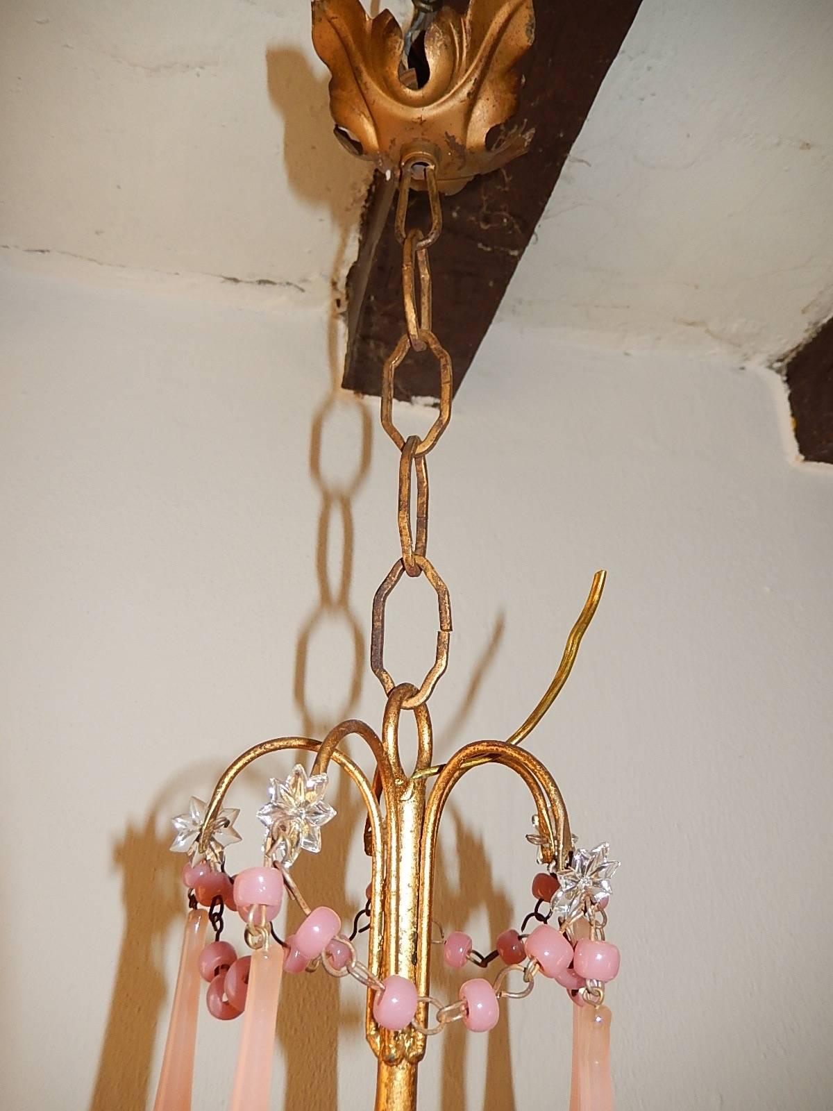 Early 20th Century  French Pink Opaline Crystal Prisms Chandelier For Sale