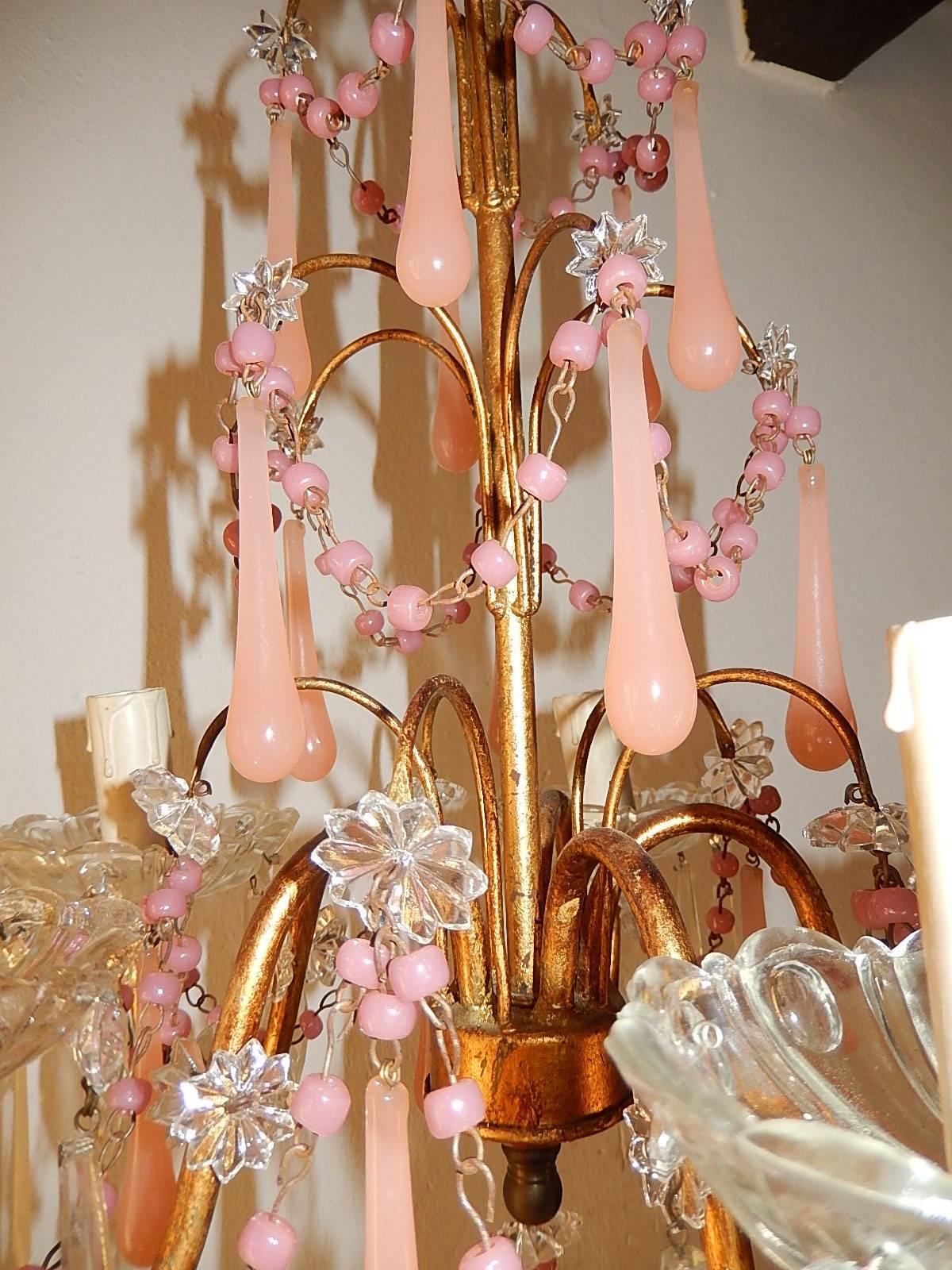  French Pink Opaline Crystal Prisms Chandelier For Sale 1