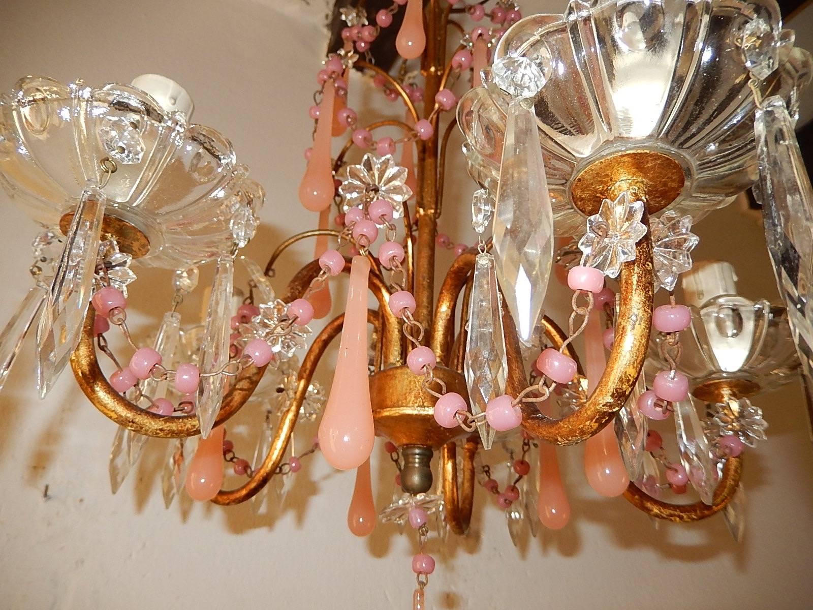  French Pink Opaline Crystal Prisms Chandelier For Sale 2