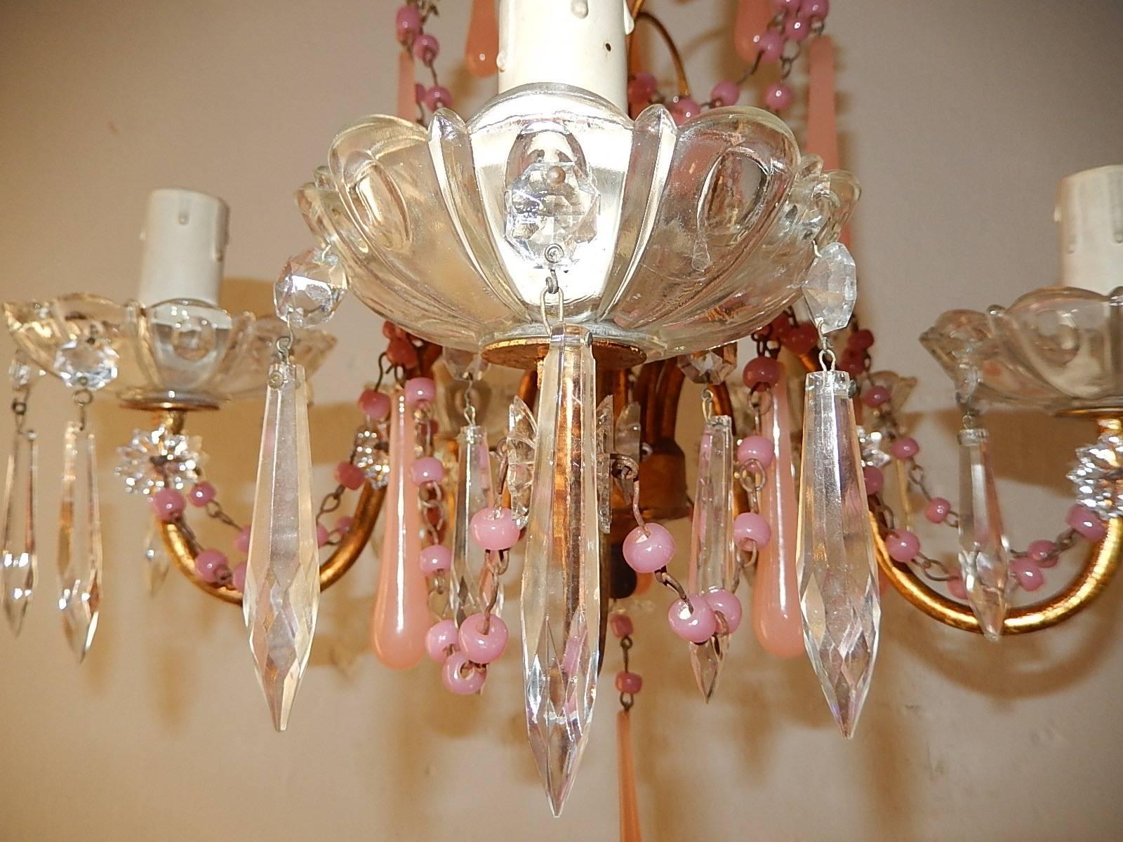  French Pink Opaline Crystal Prisms Chandelier For Sale 3