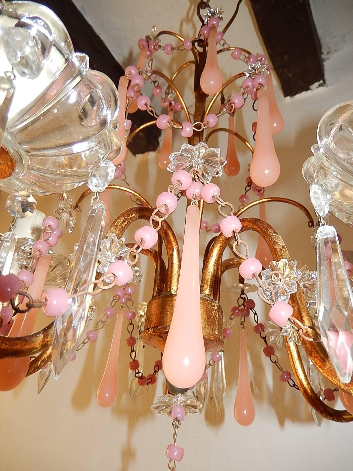  French Pink Opaline Crystal Prisms Chandelier For Sale 4