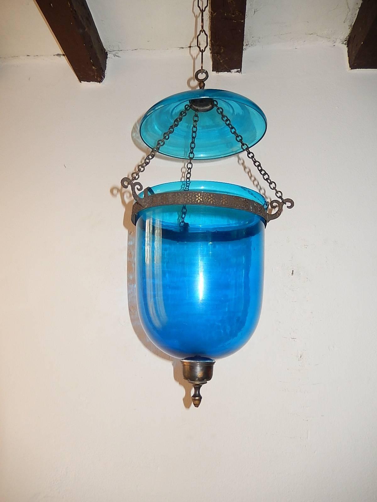 Rare cobalt color.  Made for candles, could be wired.  Bronze details.  The bell alone measures 13 inches.  
