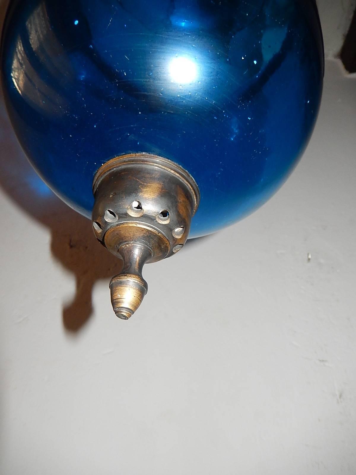 Bronze 19th Century Cobalt Blue English Bell Jar Lantern Chandelier