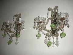 1930 French Beaded Green and Clear Murano Balls Mirrors Sconces