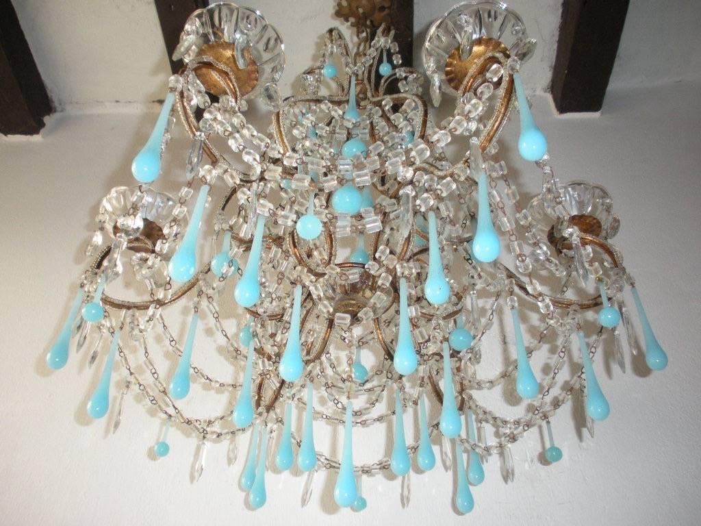 French Robins Egg Blue Opaline Beaded Chandelier In Excellent Condition In Modena (MO), Modena (Mo)