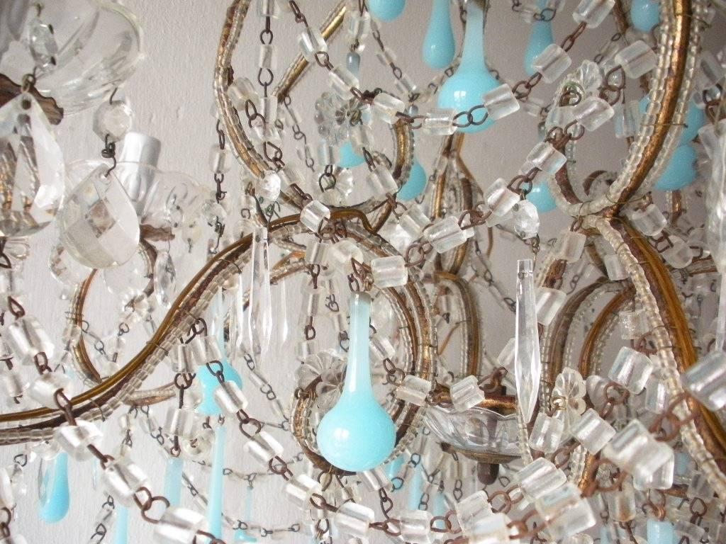 Crystal French Robins Egg Blue Opaline Beaded Chandelier