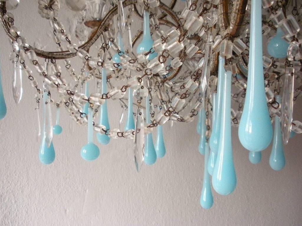 French Robins Egg Blue Opaline Beaded Chandelier 1