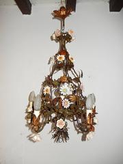 1890 Italian Tole Porcelain Flowers Chandelier