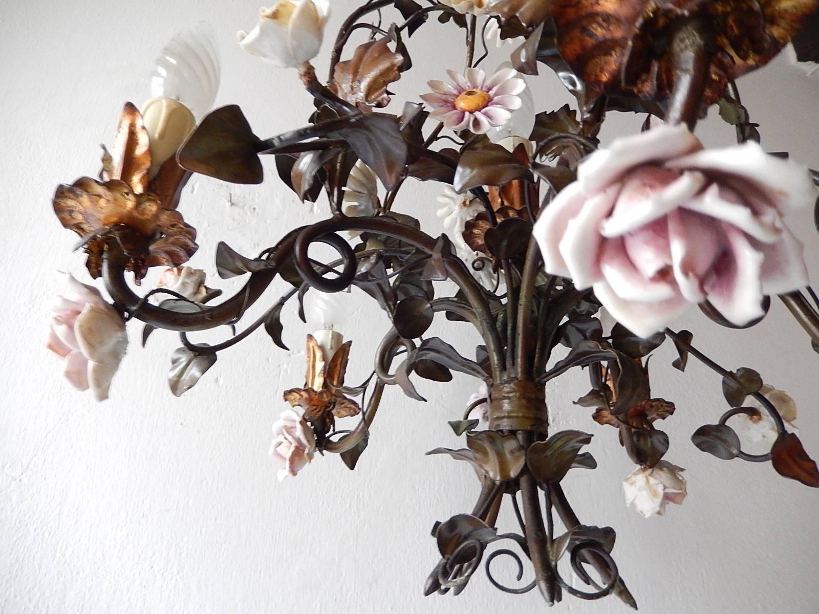 Late 19th Century 1890 Italian Tole Porcelain Flowers Chandelier