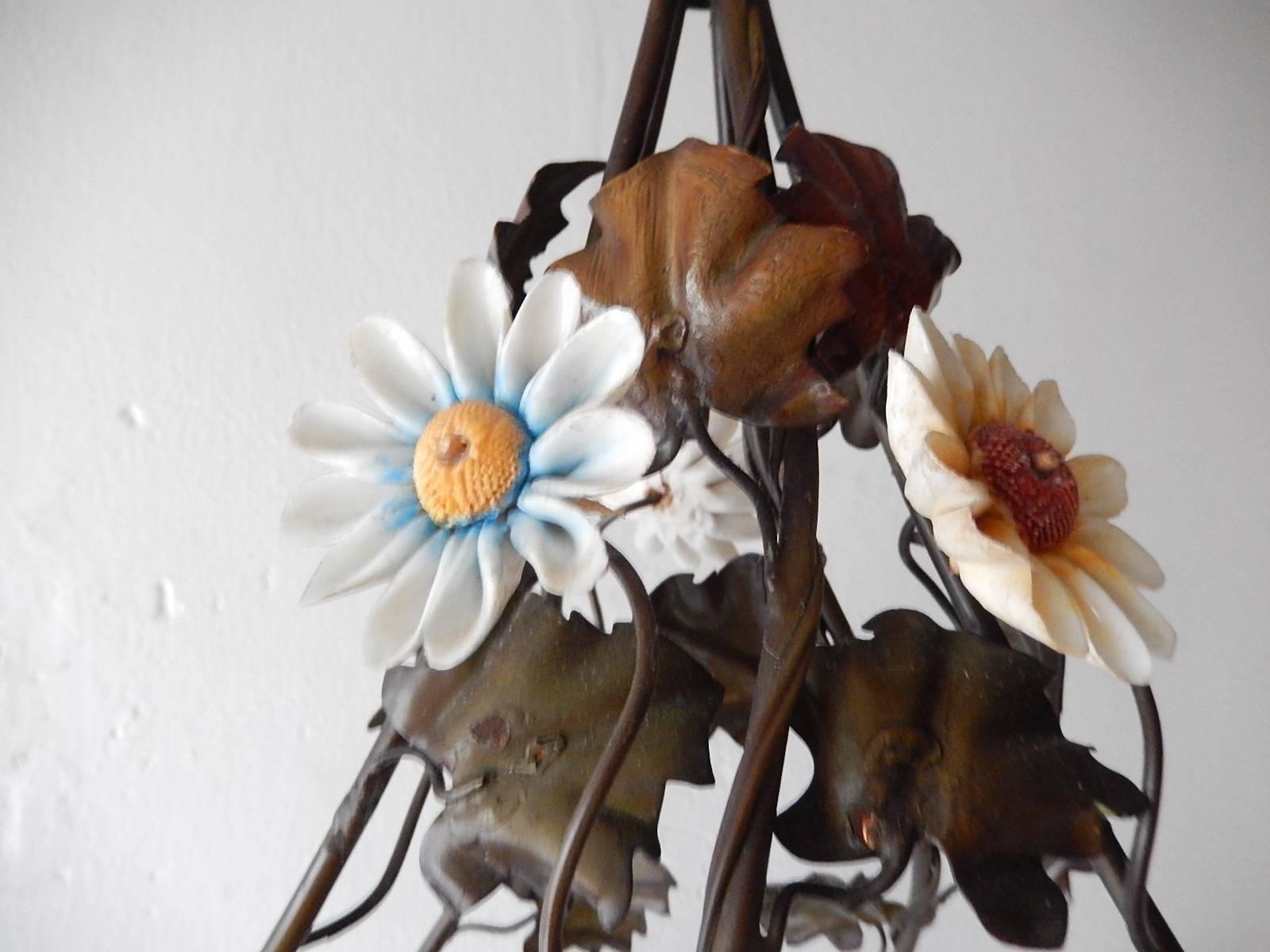 1890 Italian Tole Porcelain Flowers Chandelier 1