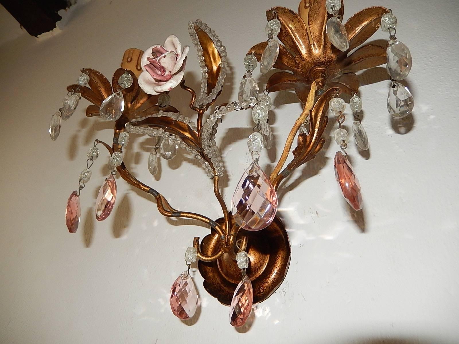 Early 20th Century French Tole Beaded Porcelain Roses Pink Sconces For Sale