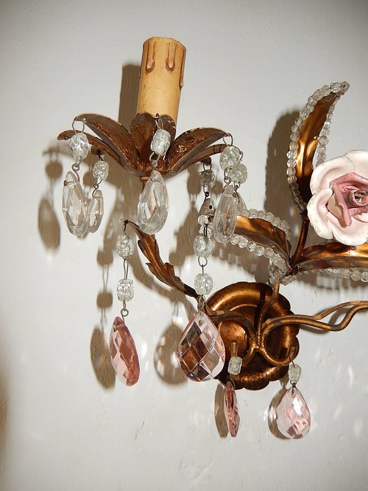 Crystal French Tole Beaded Porcelain Roses Pink Sconces For Sale