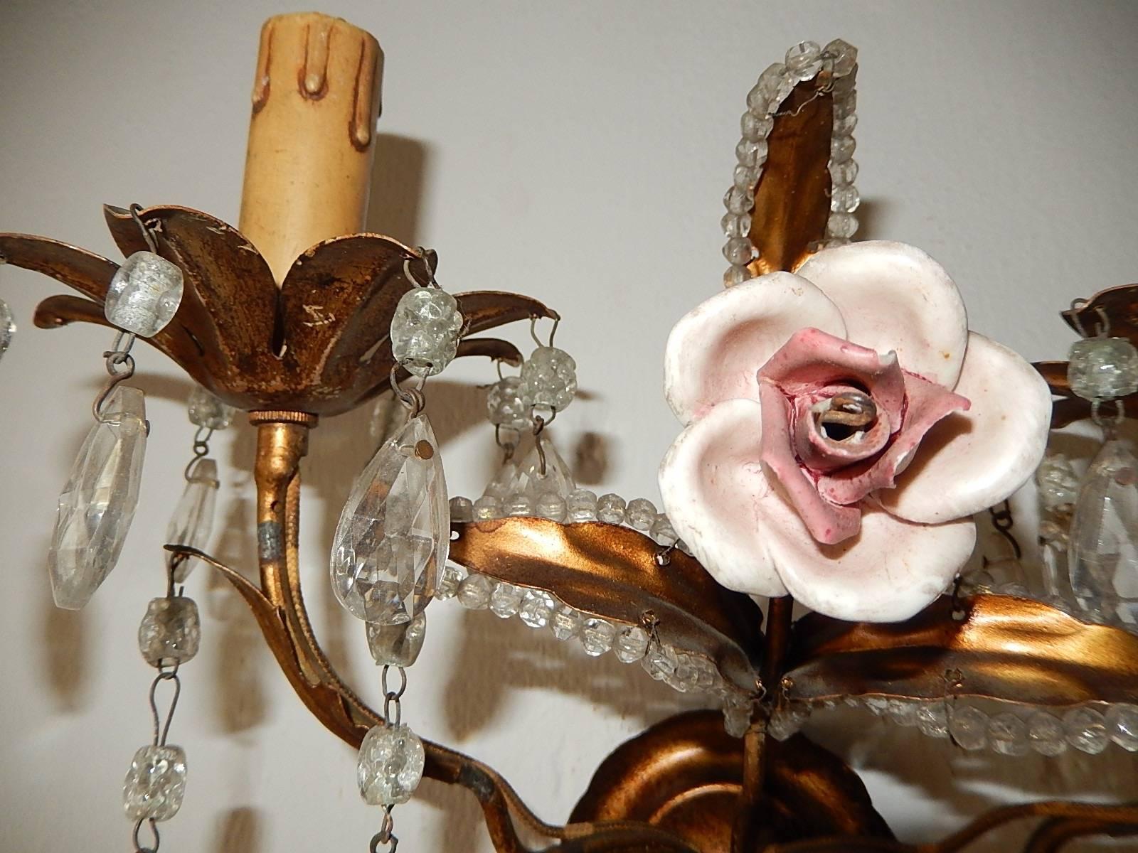 French Tole Beaded Porcelain Roses Pink Sconces For Sale 2