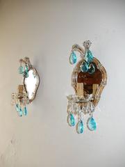 1920 French Aqua Blue Prisms Mirror Murano Glass Sconces