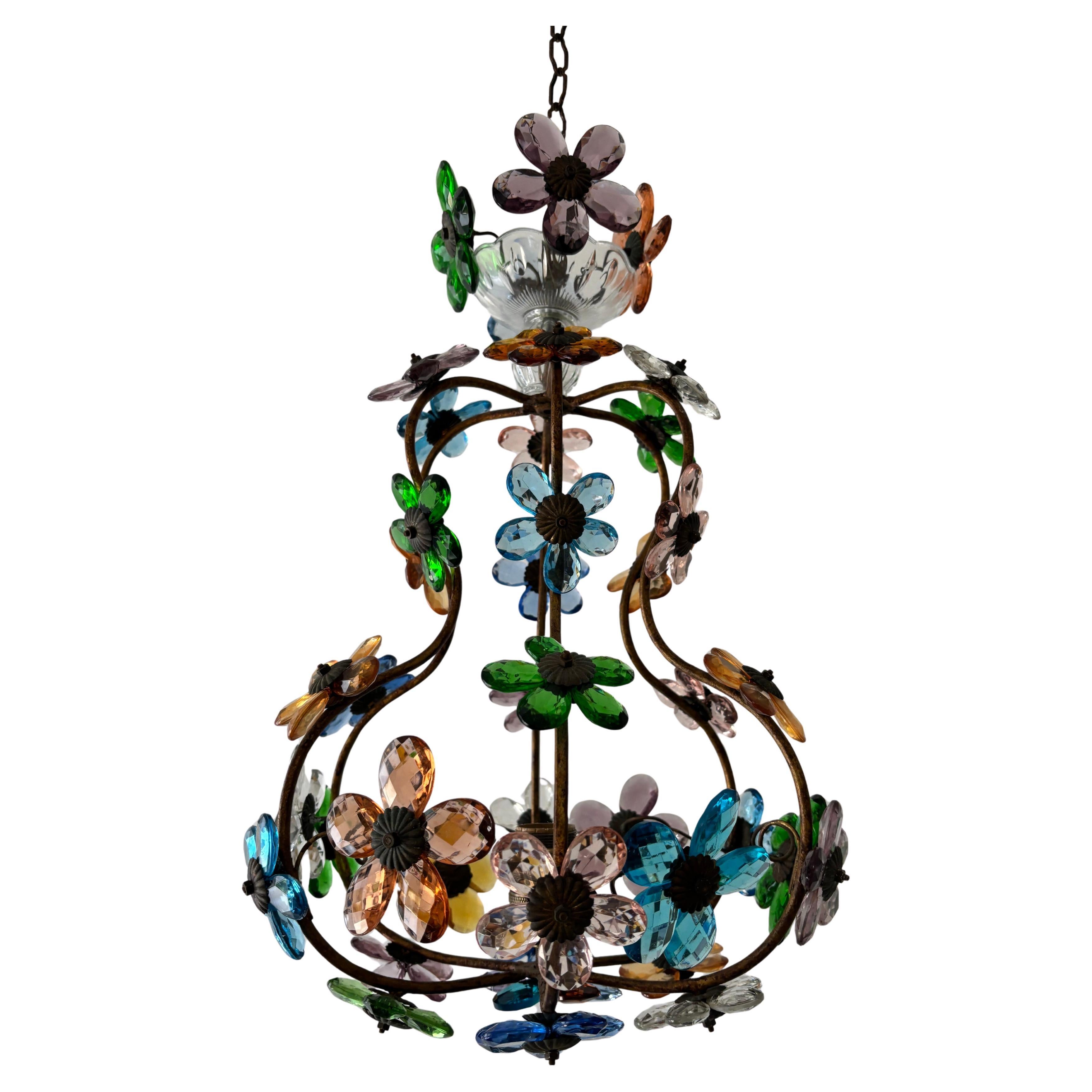 Lustre rare de la Maison Baguès avec prisme en cristal à fleurs multicolores en vente