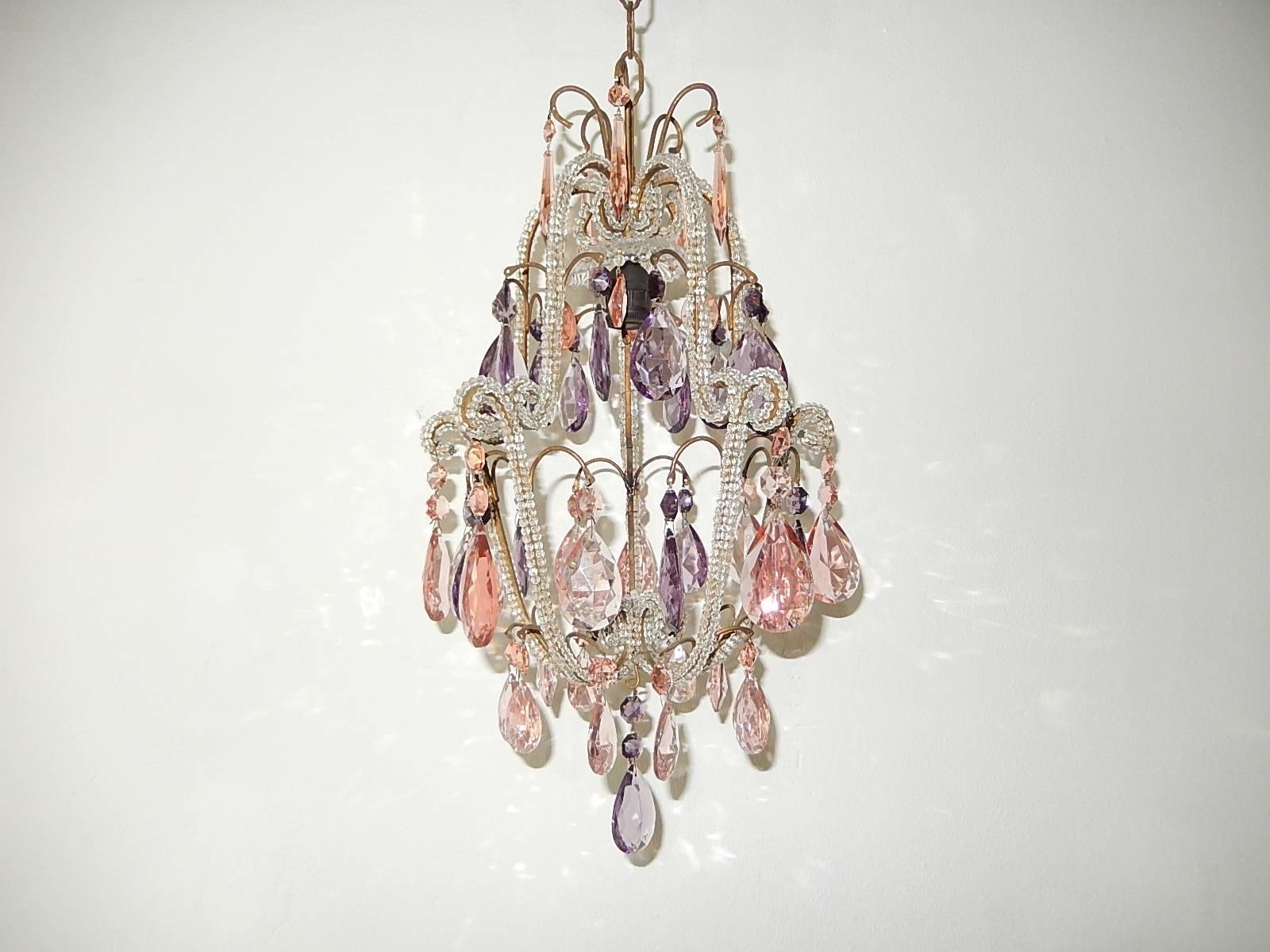 French Beaded Pink and Purple Crystal Prisms Chandelier