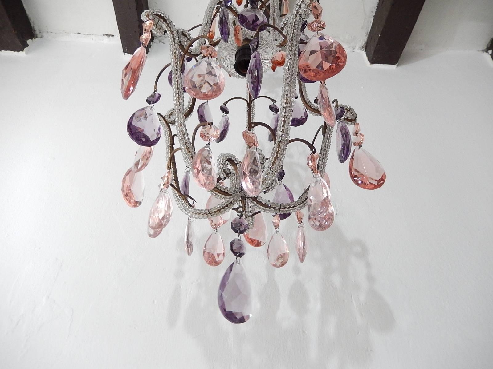 Early 20th Century Beaded Pink and Purple Crystal Prisms Chandelier