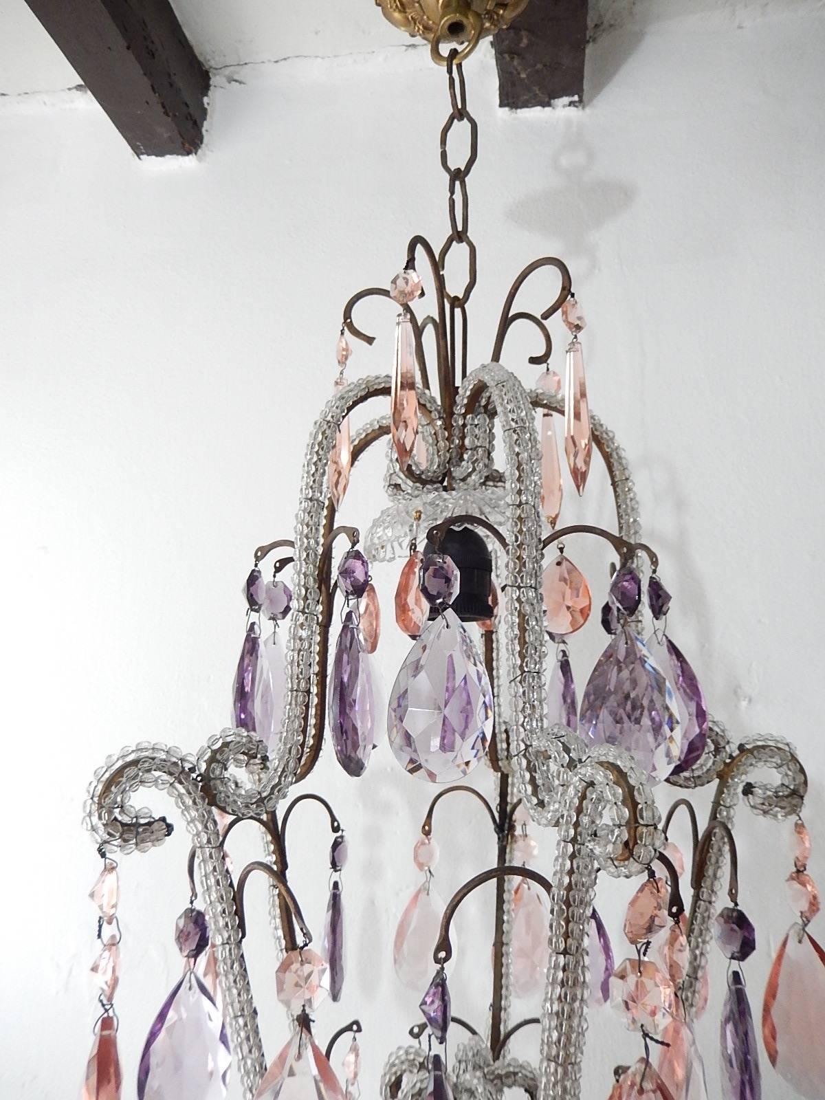Beaded Pink and Purple Crystal Prisms Chandelier 1