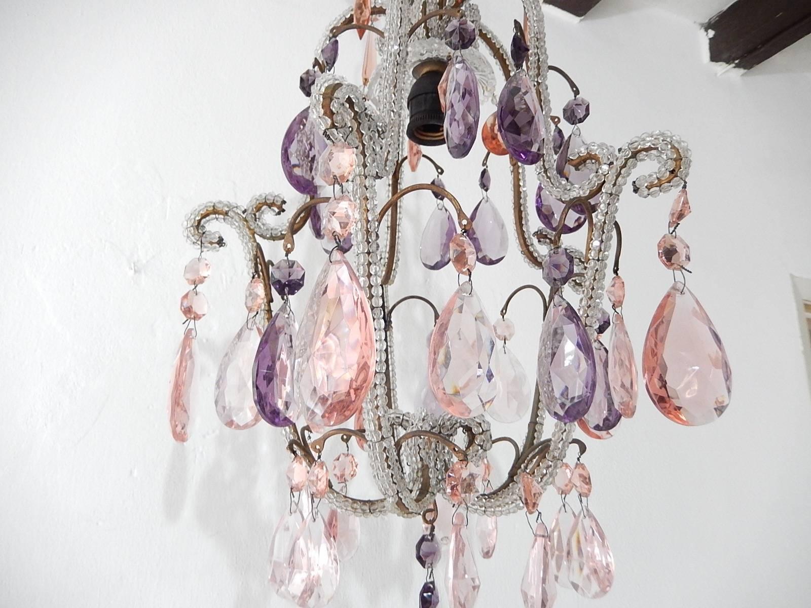 Beaded Pink and Purple Crystal Prisms Chandelier 2