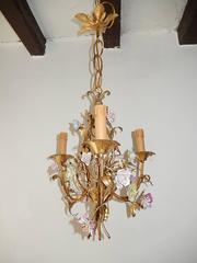 French Tole Pastel Porcelain Flowers Chandelier