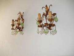 French Giltwood and Tole Green and Clear Murano Blown Balls Sconces