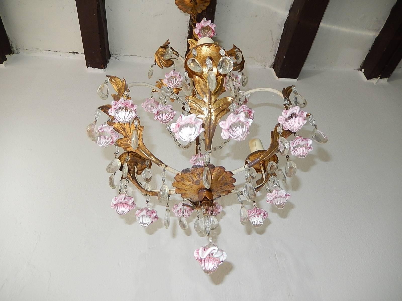 French Pink Ribbon Clear Murano Ball and Beads Crystal Chandelier In Excellent Condition In Modena (MO), Modena (Mo)