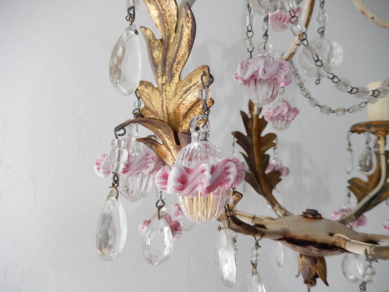 Early 20th Century French Pink Ribbon Clear Murano Ball and Beads Crystal Chandelier