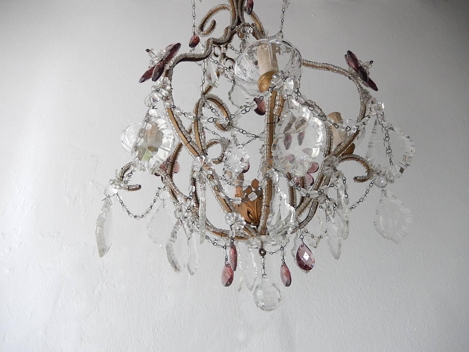 Early 20th Century French Bagues Style Amethyst Flower Prisms Beaded Chandelier