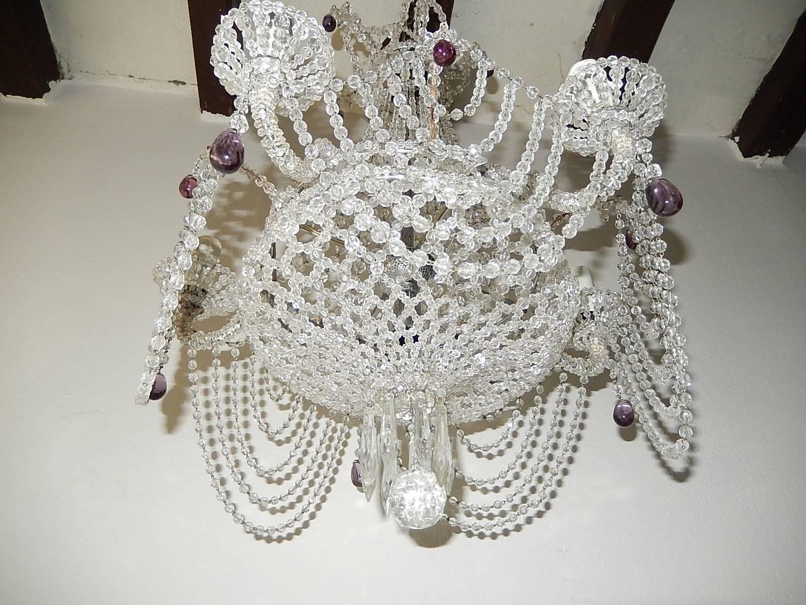 Mid-20th Century Italian Beaded Basket Amethyst Drops Chandelier