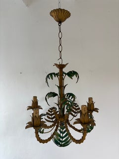 1950 French Tole Faux Palm Tree Five-Light Chandelier Mid Century Modern