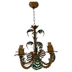 1950 French Tole Faux Palm Tree Five-Light Chandelier Mid Century Modern