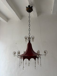 c 1900 Hand Painted Red Flowers Pagoda Murano Drops and Stars Chandelier Rare