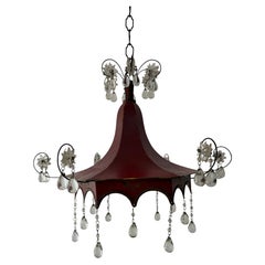 c 1900 Hand Painted Red Flowers Pagoda Murano Drops and Stars Chandelier Rare